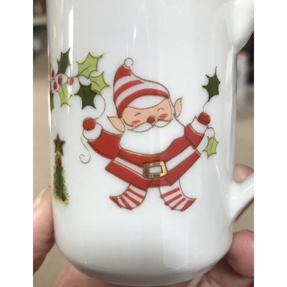 Santa Elf Salt and Pepper Shakers Japan MCM with handles Porcelain Christmas EUC